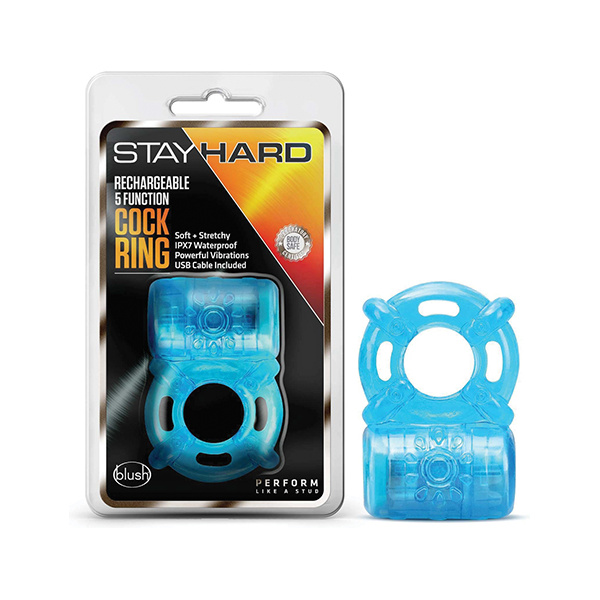 Blush Stay Hard Rechargeable 5 Function Cock Ring- Blue