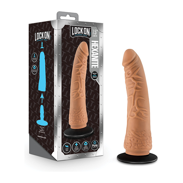 Blush Lock On 7.5" Hexanite Dildo w-Suction Cup Adapter - Mocha