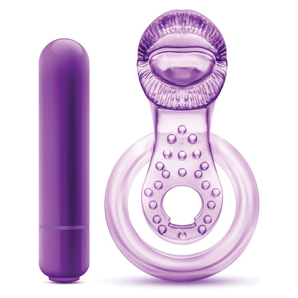 Blush Play with Me Lick it Vibrating Double Strap Cockring - Purple - Image 3