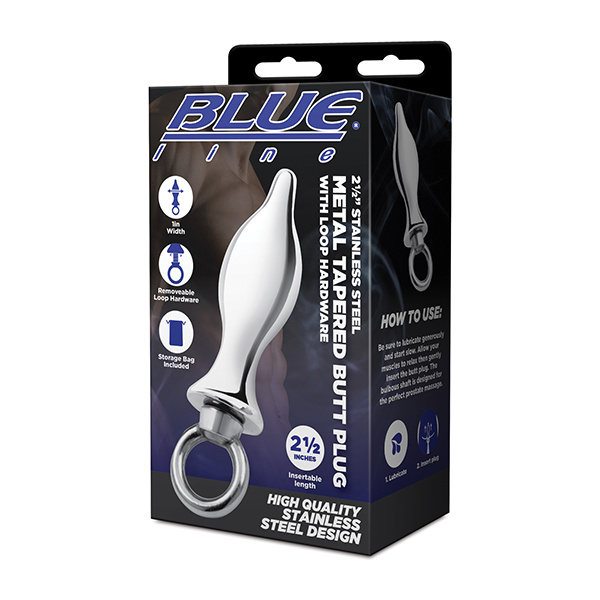 Blue Line 2.5" Stainless Steel Metal Tapered Butt Plug With Loop Hardware