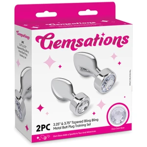 Gemsations 2 pc 3.25" & 3.7" Tapered Bling Bling Metal Butt Plug Training Set - Silver