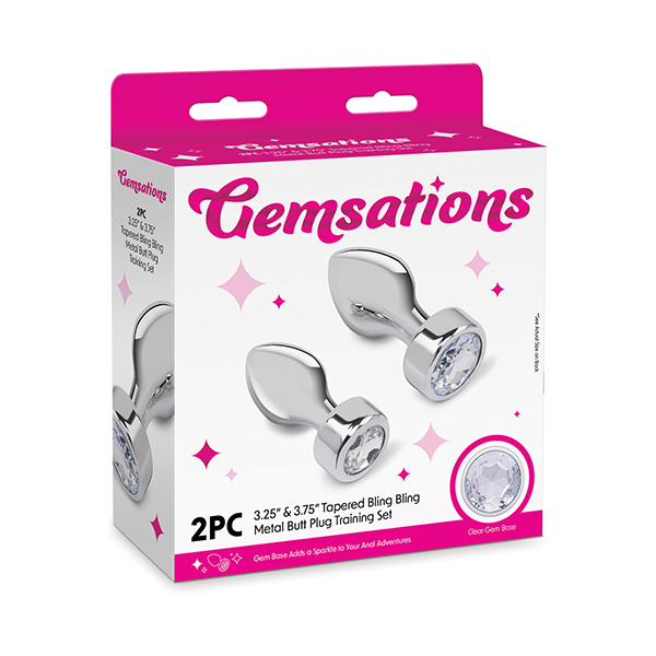 Gemsations 2 pc 3.25" & 3.7" Tapered Bling Bling Metal Butt Plug Training Set - Silver