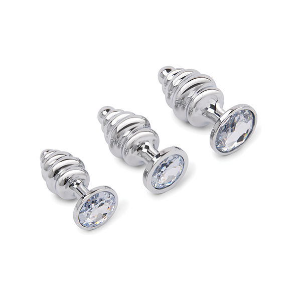 Gemsations 3 pc 2.95" & 3.25" & 3.7" Ripple Bling Bling Metal Butt Plug Training Set - Silver - Image 2