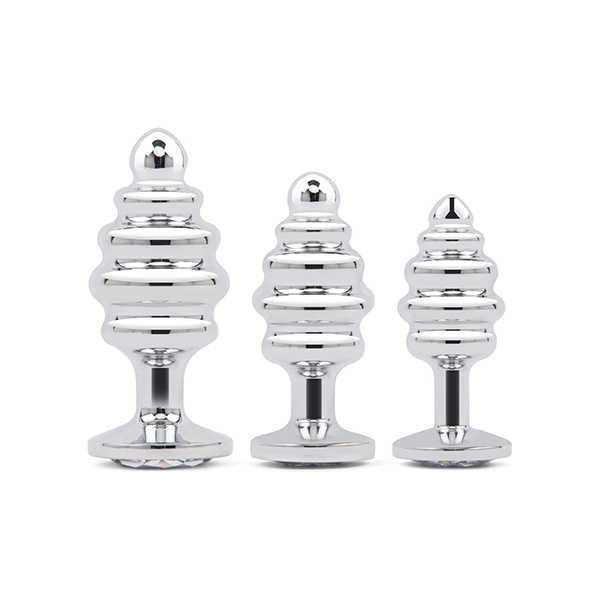 Gemsations 3 pc 2.95" & 3.25" & 3.7" Ripple Bling Bling Metal Butt Plug Training Set - Silver - Image 3