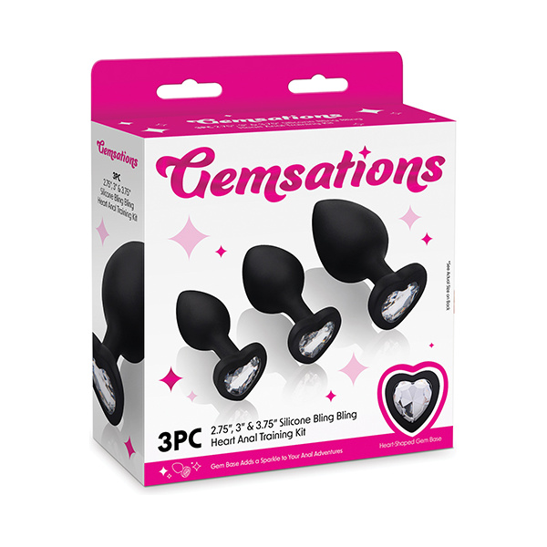 Gemsations 3 pc 2.75" & 3.15" & 3.7" Silicone Bling Bling Heart Butt Plug Training Set - Black