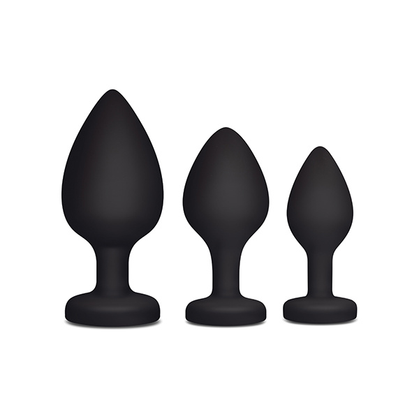 Gemsations 3 pc 2.75" & 3.15" & 3.7" Silicone Bling Bling Heart Butt Plug Training Set - Black - Image 5