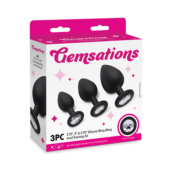 Gemsations 3 pc 2.75" & 3.15" & 3.7" Silicone Bling Bling Butt Plug Training Set - Black