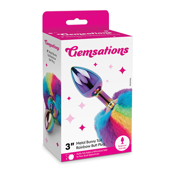 Gemsations 2.95" Metal Bunny Tail Rainbow Butt Plug - Rainbow