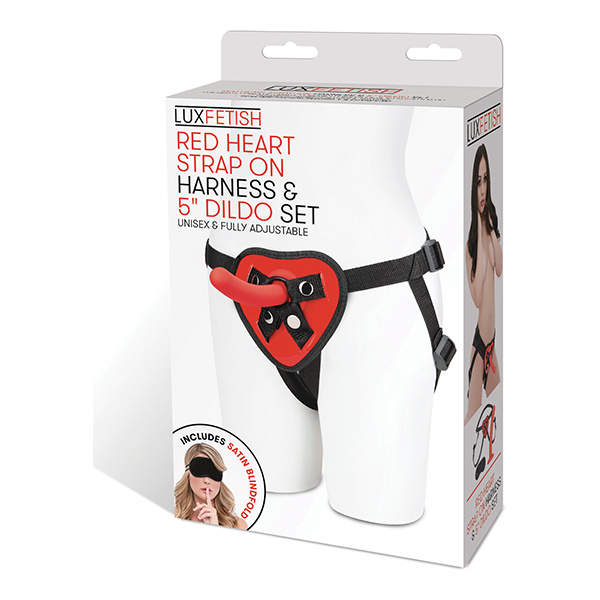 Lux Fetish 5" Dildo w-Red Heart Strap On Harness Set