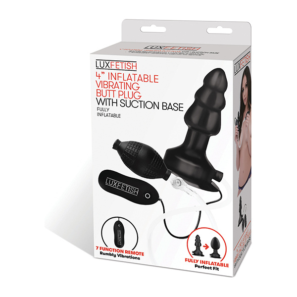 Lux Fetish 4" Inflatable Vibrating Butt Plug w-Suction Base - Black