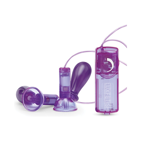 Lux Fetish Vibrating Nipple Suckers w-Wired Remote Control - Purple - Image 3