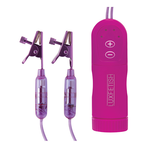 Lux Fetish Vibrating Nipple Clamps w-Wired Remote Control - Pink-Purple - Image 4