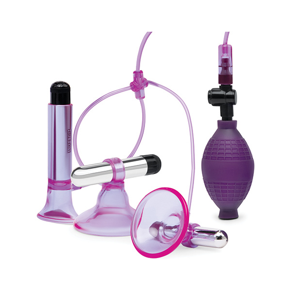 Lux Fetish Vibrating Nipple Suckers w-Clitoral Pump & Quick Release - Pink-Purple - Image 4