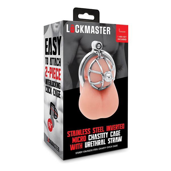 Lockmaster Stainless Steel Inverted Micro Chastity Cage w-Urethral Straw - Silver
