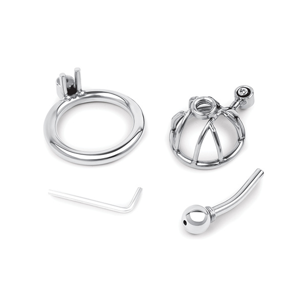 Lockmaster Stainless Steel Inverted Micro Chastity Cage w-Urethral Straw - Silver - Image 4