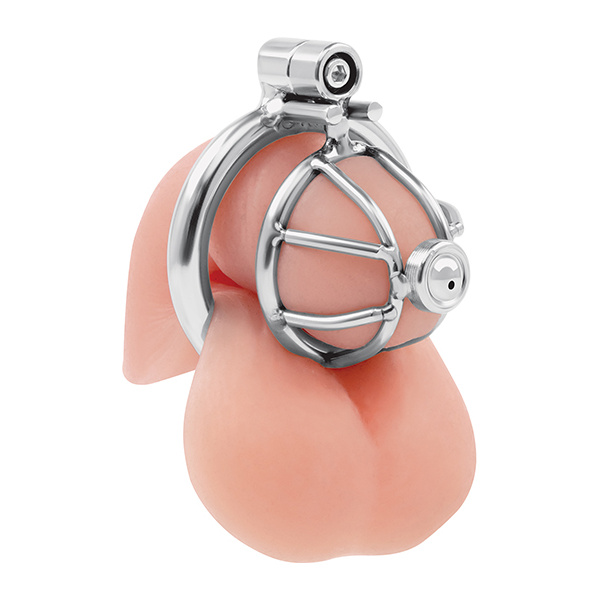 Lockmaster Stainless Steel Inverted Micro Chastity Cage w-Urethral Straw - Silver - Image 2