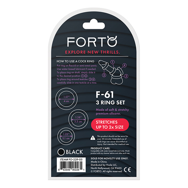 Forto F-61 Liquid 3 Piece Cock Ring Set - Black - Image 3