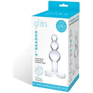 Glas 4" Beaded Glass Butt Plug w-Tapered Base - Clear