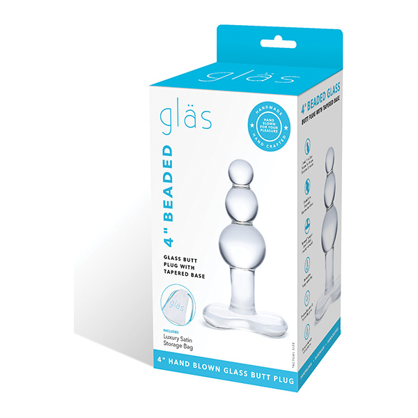 Glas 4" Beaded Glass Butt Plug w-Tapered Base - Clear