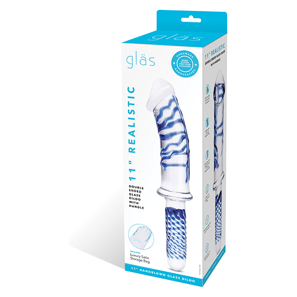 Glas 11" Realistic Double Ended Glass Dildo w-Handle - Blue
