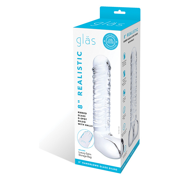 Glas 8" Realistic Ribbed Glass G-Spot Dildo w-Balls - Clear