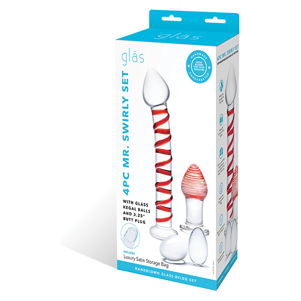 Glas 4 pc Mr. Swirly Set w-Glass Kegel Balls & 3.25" Butt Plug - Red