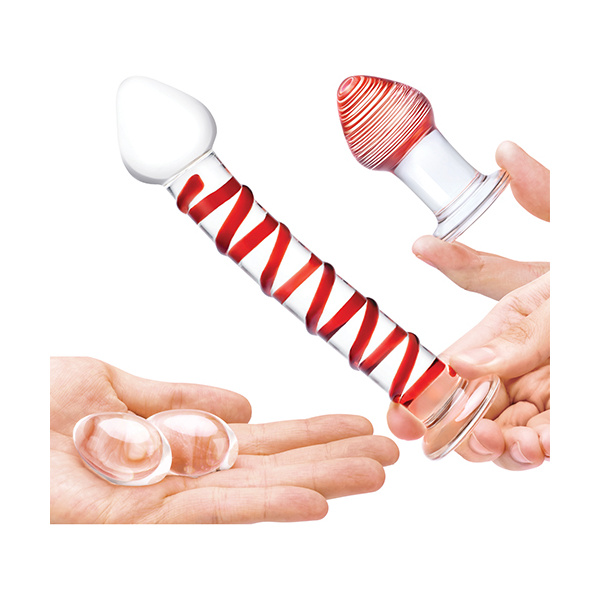 Glas 4 pc Mr. Swirly Set w-Glass Kegel Balls & 3.25" Butt Plug - Red - Image 4