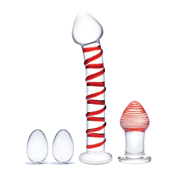 Glas 4 pc Mr. Swirly Set w-Glass Kegel Balls & 3.25" Butt Plug - Red - Image 2