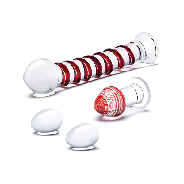 Glas 4 pc Mr. Swirly Set w-Glass Kegel Balls & 3.25" Butt Plug - Red - Image 5