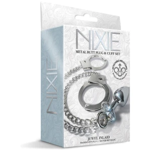 Nixie Metal Butt Plug w-Inlaid Jewel & Fur Cuff Set - Silver Metallic