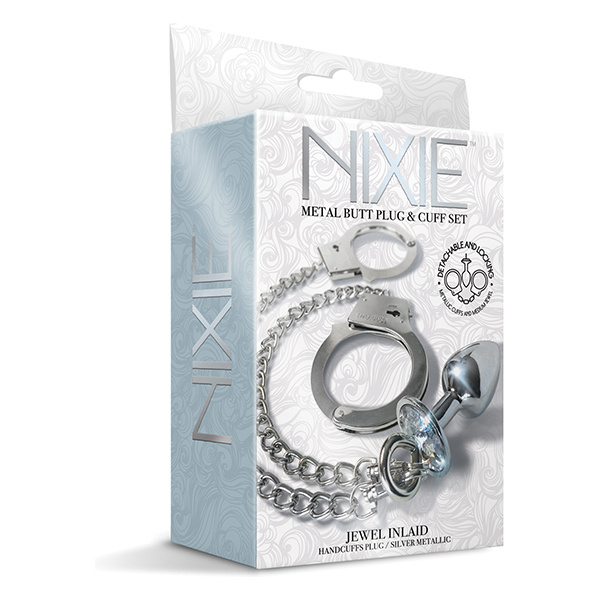 Nixie Metal Butt Plug w-Inlaid Jewel & Fur Cuff Set - Silver Metallic