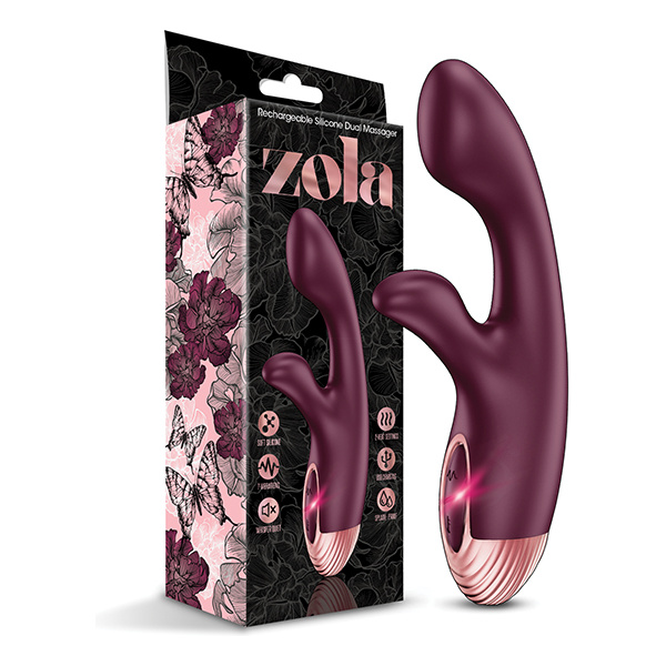 Zola Rechargeable Silicone Dual Massager - Burgundy-Rose Gold - Image 4