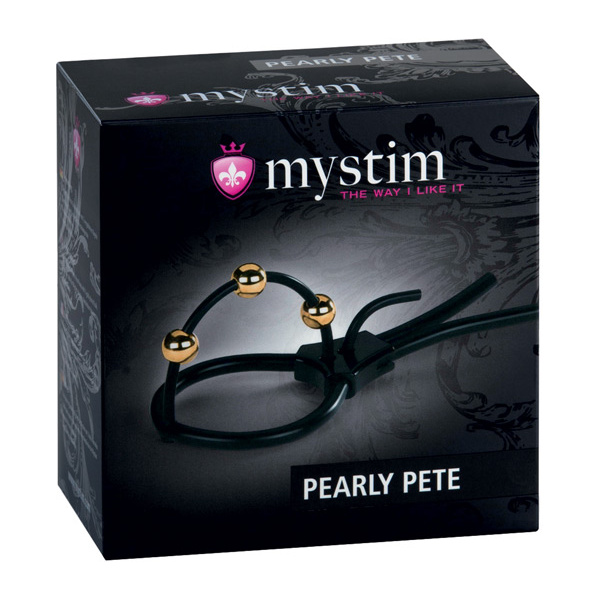 Mystim Pearly Pete Corona Strap w-Gold Balls - Black