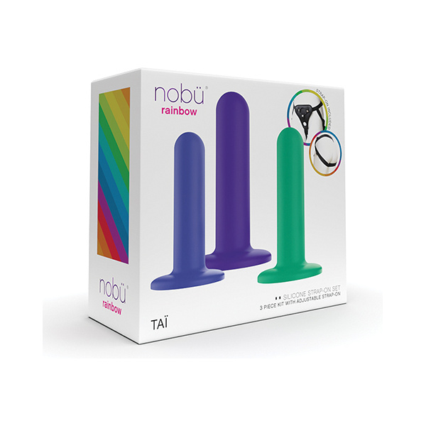 Nobu Tai Silicone Dildo Set w-Adjustable Strap On - 3 Piece Kit Assorted Colors - Image 2