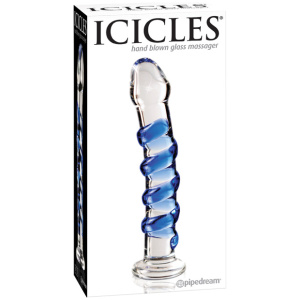 Icicles No. 5 Hand Blown Glass Massager - Clear w-Blue Swirls