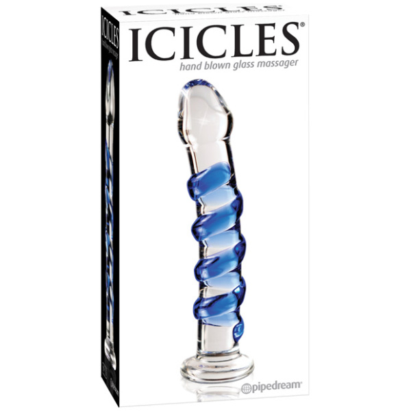 Icicles No. 5 Hand Blown Glass Massager - Clear w-Blue Swirls