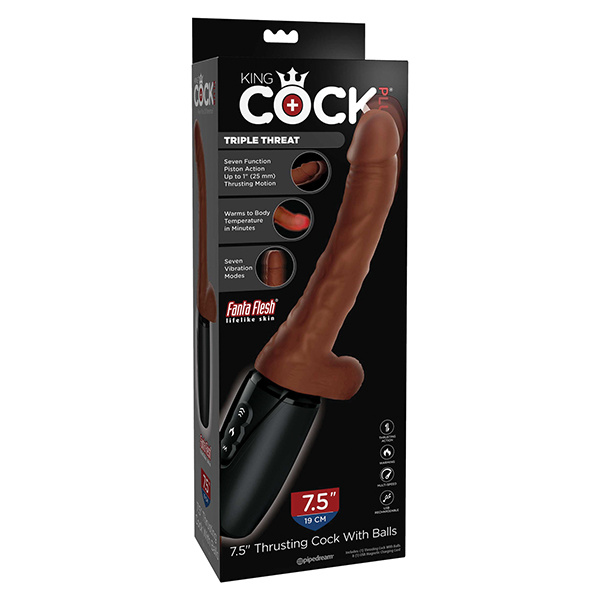 King Cock Plus Thrusting, Warming & Vibrating  7.5" Triple Threat Dong - Brown