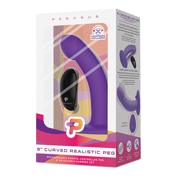 Pegasus 6" Rechargeable Curved Peg w-Adjustable Harness & Remote Set - Purple