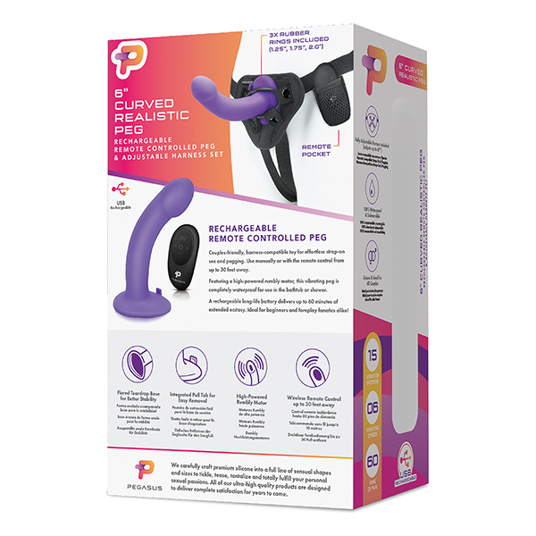 Pegasus 6" Rechargeable Curved Peg w-Adjustable Harness & Remote Set - Purple - Image 5