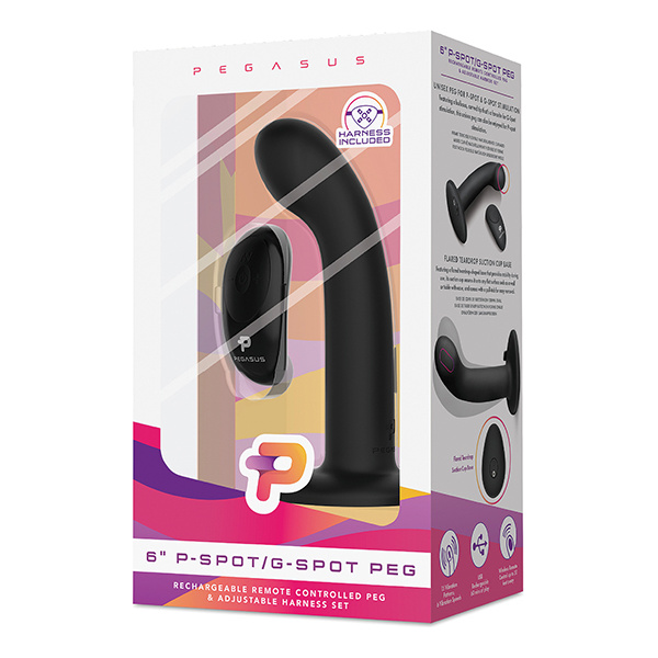 Pegasus 6" Rechargeable P-Spot G-Spot Peg w-Adjustable Harness & Remote Set - Black
