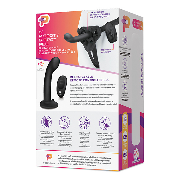 Pegasus 6" Rechargeable P-Spot G-Spot Peg w-Adjustable Harness & Remote Set - Black - Image 3