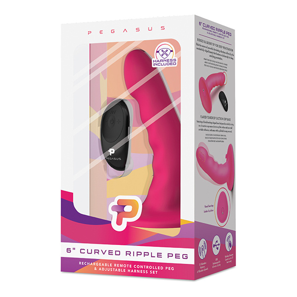 Pegasus 6" Rechargeable Ripple Peg w-Adjustable Harness & Remote - Pink