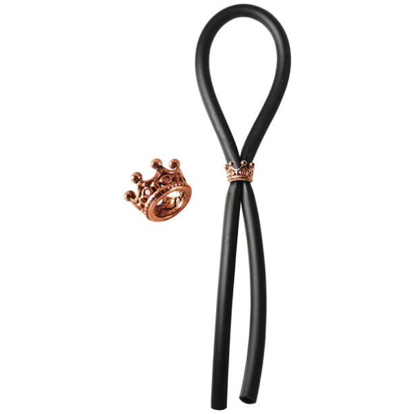 Bolo Silicone Lasso w-Rose Gold Crown Slider Ring - Black - Image 2