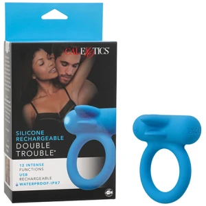 Couple's Enhancer Silicone Rechargeable Double Trouble Enhancer w-Flickering Dual Teasers - Blue
