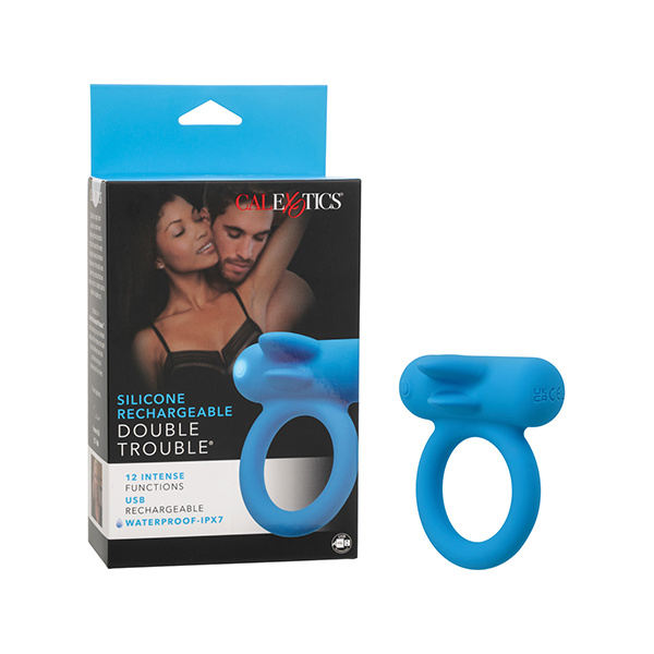 Couple's Enhancer Silicone Rechargeable Double Trouble Enhancer w-Flickering Dual Teasers - Blue