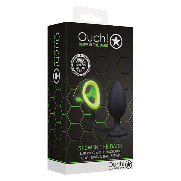 Shots Ouch Butt Plug w-Cock Ring & Ball Strap - Glow in the Dark