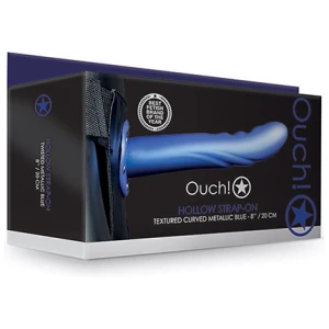 Shots Ouch 8" Textured Curved Hollow Strap On - Metallic Blue