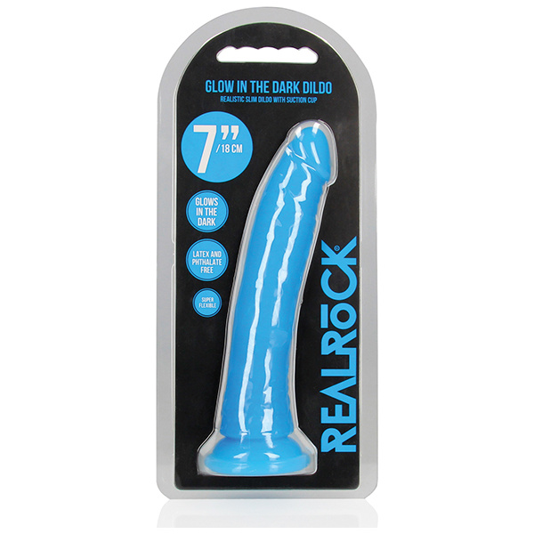 Shots RealRock 7" Slim  Dildo Glow in the Dark - Neon Blue