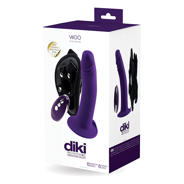 VeDO Diki Rechargeable Vibrating Dildo w-Harness - Deep Purple