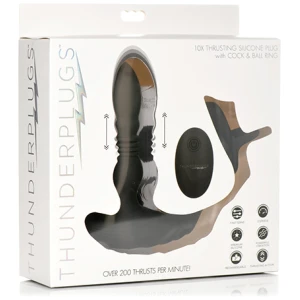 ThunderPlugs 10X Thrusting Silicone Vibrator w-Cock & Ball Strap & Remote - Black